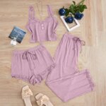 Conjunto de Pijamas de 3 Piezas para Mujer, Ropa de Dormir, Camiseta sin Mangas, Pantalones Cortos y Largos, con Detalles de Encaje, para Estar en Casa o Descansar - Imagen 6