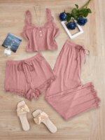 Conjunto de Pijamas de 3 Piezas para Mujer, Ropa de Dormir, Camiseta sin Mangas, Pantalones Cortos y Largos, con Detalles de Encaje, para Estar en Casa o Descansar - Imagen 5