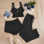 Conjunto de Pijamas de 3 Piezas para Mujer, Ropa de Dormir, Camiseta sin Mangas, Pantalones Cortos y Largos, con Detalles de Encaje, para Estar en Casa o Descansar - Imagen 4
