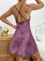 Camisón con estampado de corazón Vestido de dormir elegante con cuello redondo y espalda cruzada Ropa de dormir para mujer - Imagen 2