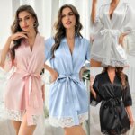 Nuevo Kimono Elegante de Satén para Mujer 2025 con Encaje, Camisón Corto, Ropa de Dormir con Cuello en V y Cinturón, Ropa de Estar por Casa para Novias, Regalo para Damas de Honor