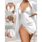 Conjunto de 2 piezas de camisola y pantalón corto de encaje sedoso con espalda descubierta para mujer, ropa de dormir transpirable
