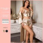 Conjunto de ropa de dormir de 3 piezas para mujer de imitación de seda con tirantes - Imagen 2