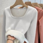 Ropa interior térmica de invierno para mujer, Tops con cuello cuadrado, jersey básico de lana, Top de cuello redondo, camisa térmica informal para mujer - Imagen 5