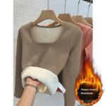 Ropa interior térmica de invierno para mujer, Tops con cuello cuadrado, jersey básico de lana, Top de cuello redondo, camisa térmica informal para mujer