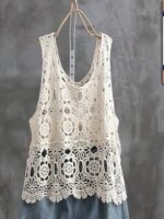 Top Versátil de Tirantes con Borde Ondulado, Estilo Casual para Mujer, Talla ande, Tejido de Punto con Encaje Calado de Col... - Imagen 3