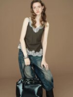 FSLE【Serie Premium】Camisola de mezcla de lino con ribete de encaje para mujer, top ajustado a la cintura para un estilo romántico y elegante para el día a día - Imagen 4