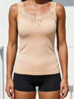 Camisola con cuello en V y ribete de encaje para mujer, camiseta sin mangas, informal, cómoda para el día a día, camiseta interior elegante y sencilla - Imagen 5