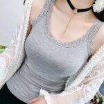 Camiseta sin mangas informal con cuello en U para verano, con encaje, ajustada, tipo lencería, holgada, para mujer - Imagen 2