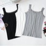Camiseta sin mangas informal con cuello en U para verano, con encaje, ajustada, tipo lencería, holgada, para mujer - Imagen 3