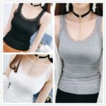 Camiseta sin mangas informal con cuello en U para verano, con encaje, ajustada, tipo lencería, holgada, para mujer