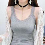 Camiseta sin mangas informal con cuello en U para verano, con encaje, ajustada, tipo lencería, holgada, para mujer - Imagen 4