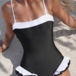 VigoBreviya 2026 Traje de Baño Sexy con Volantes para Mujer, Monokini de Una Pieza con Tirantes y Push-Up, Negro y Blanco, sin Espalda