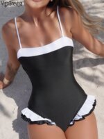 VigoBreviya 2026 Traje de Baño Sexy con Volantes para Mujer, Monokini de Una Pieza con Tirantes y Push-Up, Negro y Blanco, sin Espalda