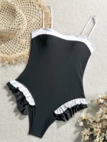 VigoBreviya 2026 Traje de Baño Sexy con Volantes para Mujer, Monokini de Una Pieza con Tirantes y Push-Up, Negro y Blanco, sin Espalda - Imagen 6