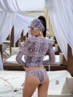 2026 Trajes de baño de una pieza de manga larga acolchados con cuello redondo y estampado Retro para mujer, trajes de baño de corte alto, traje de baño, Куwlльник - Imagen 4