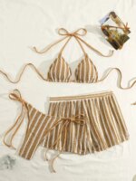 2026 nuevo estilo boxer shorts malla de tres piezas traje de baño de mujer cuello con cordones bikini conjunto - Imagen 6