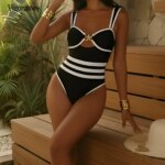 Vigoashely 2026 Traje de Baño de Una Pieza con Rayas Blancas y Negras para Mujer, Monokini con Espalda Descubierta, Traje de Baño para Playa - Imagen 4