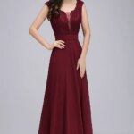 Vestidos de Noche largos elegantes de color Burdeos para mujer, Vestidos sexis de ilusión con cuello redondo de encaje sin mangas, corte en A, Vestidos formales de gasa para fiesta y graduación