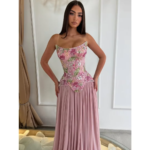 Vestidos de Noche JEHETH Personalizados en Rosa Empolvado sin Tirantes 2026, Vestidos de Gala Largos hasta el Suelo con Cuentas Coloridas de Chifón - Imagen 3