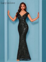 Lucyinlove, nuevos vestidos de noche formales elegantes con lentejuelas y manga casquillo para mujer, vestidos largos de sirena con espalda en V para fiesta de boda, graduación, invitados