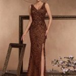 Vestido de Noche Formal Elegante Lucyinlove con Abertura, Pliegues y Lentejuelas, Espalda en V, Sirena Larga, Cuello en V, para Invitadas a Bodas 2026