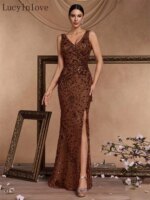 Vestido de Noche Formal Elegante Lucyinlove con Abertura, Pliegues y Lentejuelas, Espalda en V, Sirena Larga, Cuello en V, para Invitadas a Bodas 2026