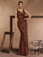Vestido de Noche Formal Elegante Lucyinlove con Abertura, Pliegues y Lentejuelas, Espalda en V, Sirena Larga, Cuello en V, para Invitadas a Bodas 2026 - Imagen 5