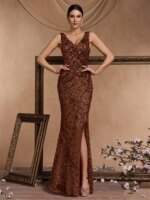 Vestido de Noche Formal Elegante Lucyinlove con Abertura, Pliegues y Lentejuelas, Espalda en V, Sirena Larga, Cuello en V, para Invitadas a Bodas 2026 - Imagen 3
