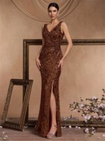 Vestido de Noche Formal Elegante Lucyinlove con Abertura, Pliegues y Lentejuelas, Espalda en V, Sirena Larga, Cuello en V, para Invitadas a Bodas 2026 - Imagen 4