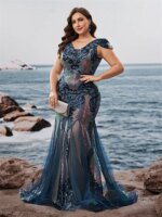 Vestidos de Noche Formales de Lentejuelas con Mangas Cortas y Espalda en V de Talla Grande Lucyinlove 2026, Elegantes Vestidos de Cóctel de Sirena para Fiesta - Imagen 5