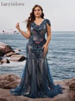 Vestidos de Noche Formales de Lentejuelas con Mangas Cortas y Espalda en V de Talla Grande Lucyinlove 2026, Elegantes Vestidos de Cóctel de Sirena para Fiesta