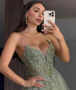 Cathy vestido de fiesta con cuello en V bordado verde claro, vestidos de novia de tul con abertura lateral alta, corte en A, largo hasta el suelo, graduación - Imagen 2