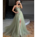 Cathy vestido de fiesta con cuello en V bordado verde claro, vestidos de novia de tul con abertura lateral alta, corte en A, largo hasta el suelo, graduación