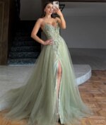 Cathy vestido de fiesta con cuello en V bordado verde claro, vestidos de novia de tul con abertura lateral alta, corte en A, largo hasta el suelo, graduación - Imagen 3