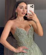Cathy vestido de fiesta con cuello en V bordado verde claro, vestidos de novia de tul con abertura lateral alta, corte en A, largo hasta el suelo, graduación - Imagen 4