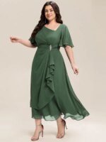 Vestidos de noche de talla grande con volantes de manga corta, asimétricos, hasta la pantorrilla, Ever Pretty de Eucalyptus, vestidos de dama de honor - Imagen 4