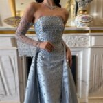 Vestido de Noche Formal Largo hasta el Suelo, Personalizado por Sansa, Azul Claro, sin Tirantes, con Mangas Transparentes Desmontables y Sobrevestido, para Mujer - Imagen 4