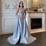 Vestido de Noche Formal Largo hasta el Suelo, Personalizado por Sansa, Azul Claro, sin Tirantes, con Mangas Transparentes Desmontables y Sobrevestido, para Mujer - Imagen 2