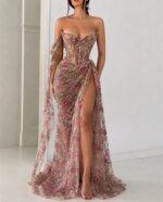 Vestido de fiesta de noche formal de Mila, personalizado, con un solo hombro, abertura alta, bordado floral, pliegues de sirena, largo hasta el suelo - Imagen 3