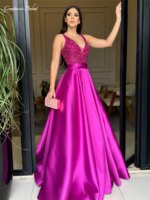 Contessa Dubai personalizado púrpura brillante corsé vestido de graduación cinturón de cintura alta Vestidos de noche A-Line sin mangas vestido de noche Formal