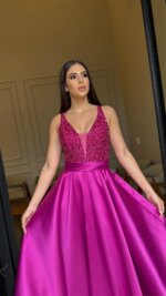 Contessa Dubai personalizado púrpura brillante corsé vestido de graduación cinturón de cintura alta Vestidos de noche A-Line sin mangas vestido de noche Formal - Imagen 3
