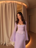 Vestido de Noche de Chifón Mila Personalizado con Cuello Cuadrado, Cuentas y Manga Larga Acampanada, Ideal para Graduación, Fiesta de Gala o Baile de Reunión de Antiguos Alumnos - Imagen 2