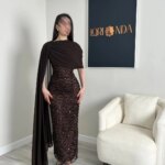 Bella personalizado marrón Chocolate de un solo hombro Capelet lentejuelas vestido de fiesta ajustado vestidos de fiesta hasta el suelo elegante vestido Formal - Imagen 3