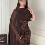 Bella personalizado marrón Chocolate de un solo hombro Capelet lentejuelas vestido de fiesta ajustado vestidos de fiesta hasta el suelo elegante vestido Formal - Imagen 5