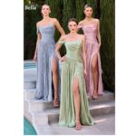 Vestidos de Fiesta Personalizados Bella en Azul Polvoriento y Verde Salvia, Vestidos de Noche con Abertura Lateral y Pliegues, Vestidos de Graduación para Mujer, Vestidos Formales de Noche