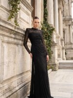Vestidos de Noche Marrones Personalizados Sansa, Cuello Alto, Manga Larga, con Cuentas de Cristal, Vestidos de Noche de Tul con Pliegues Multicapa, Formales - Imagen 2