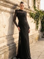 Vestidos de Noche Marrones Personalizados Sansa, Cuello Alto, Manga Larga, con Cuentas de Cristal, Vestidos de Noche de Tul con Pliegues Multicapa, Formales - Imagen 3
