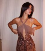 Vestido de Noche Halter con Nudo Cruzado, Escote en V Profundo, Tul Transparente, Floral, con Cuentas y Lentejuelas, Ajustado, Largo hasta el Suelo, para Banquete, Gala, Fiesta de Graduación - Imagen 4