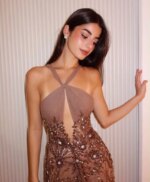 Vestido de Noche Halter con Nudo Cruzado, Escote en V Profundo, Tul Transparente, Floral, con Cuentas y Lentejuelas, Ajustado, Largo hasta el Suelo, para Banquete, Gala, Fiesta de Graduación - Imagen 3